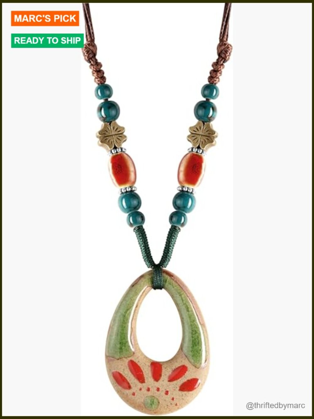 Bohemian Ceramic Bead Pendant Necklace Handcrafted Artisan